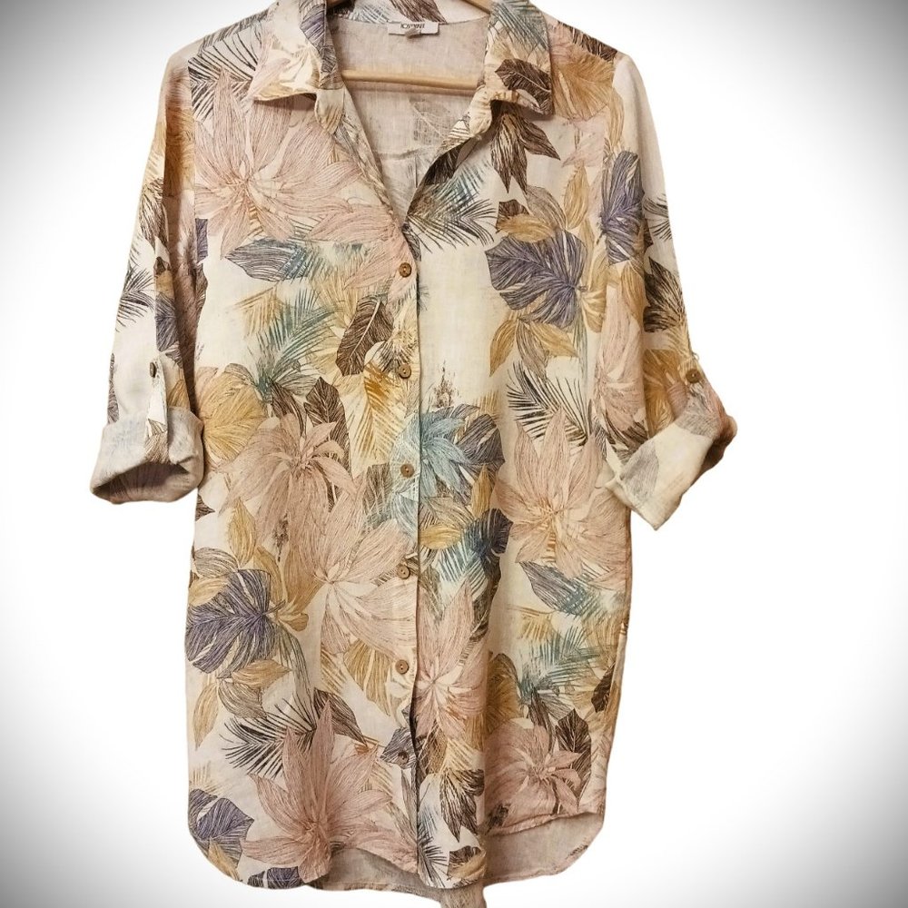 100% LINEN Tropical Summer Boho Breezy Cool long shirt adjust sleeves Sz L